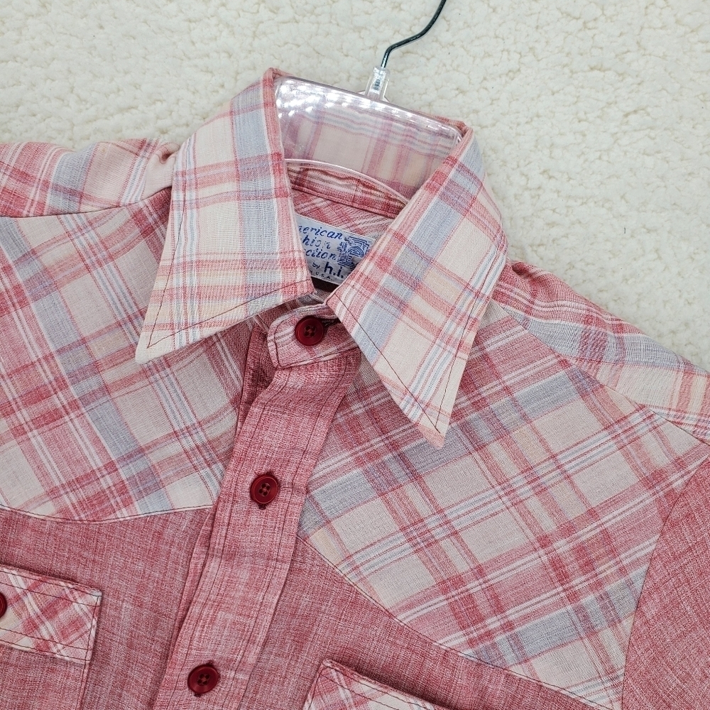 Vtg 60s Shirt Men S 14 14.5 Button Up SS Solid Plaid Western H.I.S. 2 Pocket - Picture 7 of 13